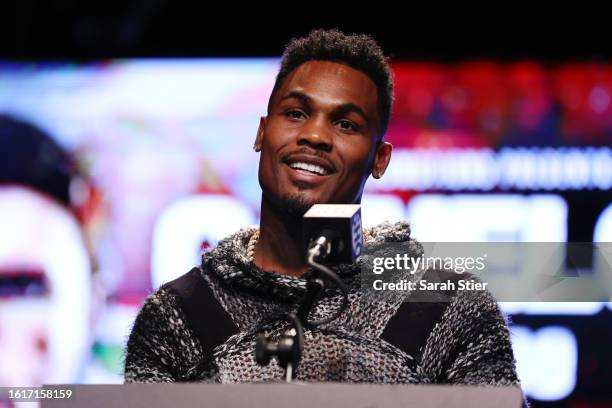 Jermell Charlo speaks to media during a press conference to preview their September 30 super middleweight undisputed championship fight against...