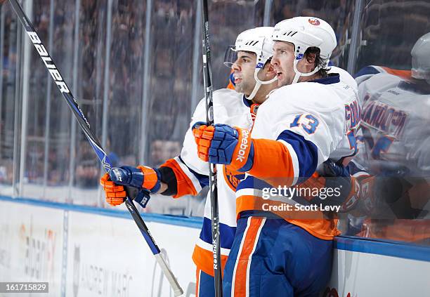 Colin McDonald of the New York Islanders celebrates his second period goal against the New York Rangers at Madison Square Garden on February 14, 2013...