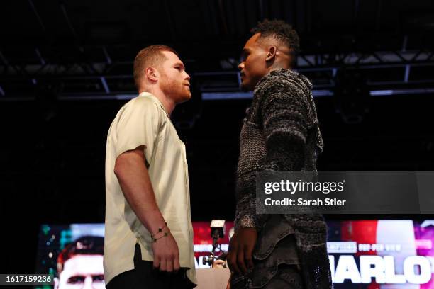 Canelo Alvarez of Mexico and Jermell Charlo face off during a press conference to preview their September 30 super middleweight undisputed...