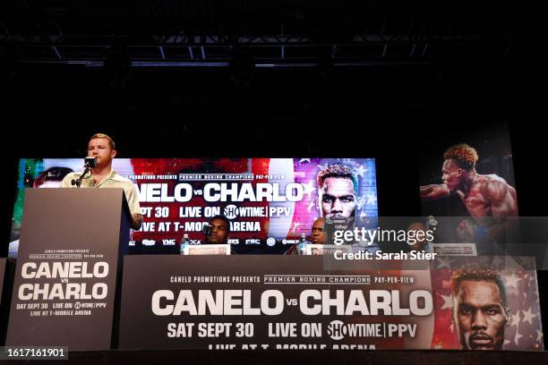 Canelo Alvarez of Mexico speaks to media during a press conference to preview their September 30 super middleweight undisputed championship fight...