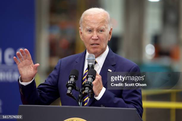 President Joe Biden speaks to guests at Ingeteam Inc., an electrical equipment manufacturer, on August 15, 2023 in Milwaukee, Wisconsin. Biden used...