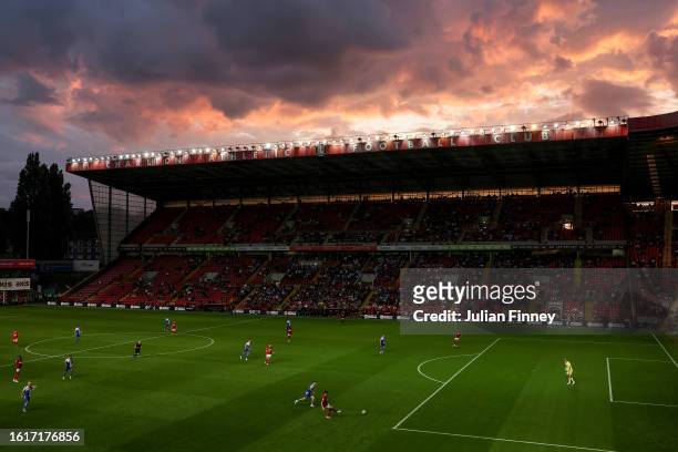General view inside the stadium as the sun sets during the Sky Bet League One match between Charlton Athletic and Bristol Rovers at The Valley on...