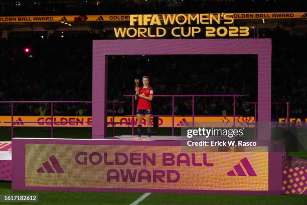 World Cup: Spain Aitana Bonmatí holds the Golden Ball Trophy during the award ceremony vs England during the Final match at Stadium Australia....