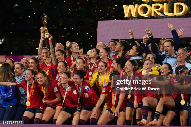 World Cup: Spain players celebrate victory with Golden Ball trophy during awards ceremony vs England during the Final match at Stadium Australia....