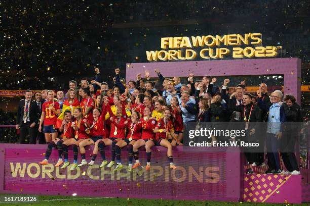 World Cup: Spain players celebrate victory with Golden Ball trophy during awards ceremony vs England during the Final match at Stadium Australia....