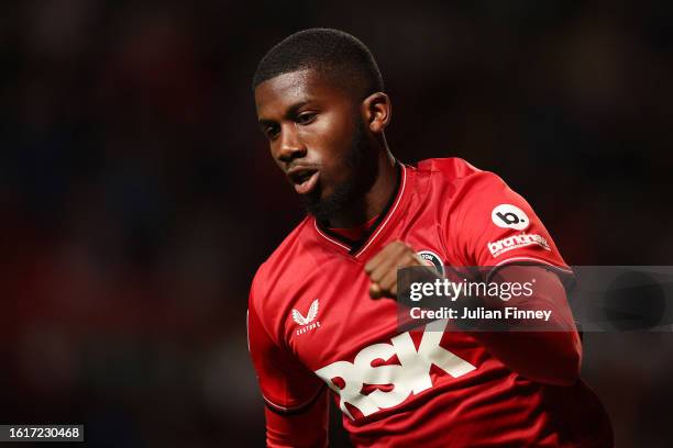 Daniel Kanu of Charlton Athletic celebrates after scoring the team's first goal during the Sky Bet League One match between Charlton Athletic and...