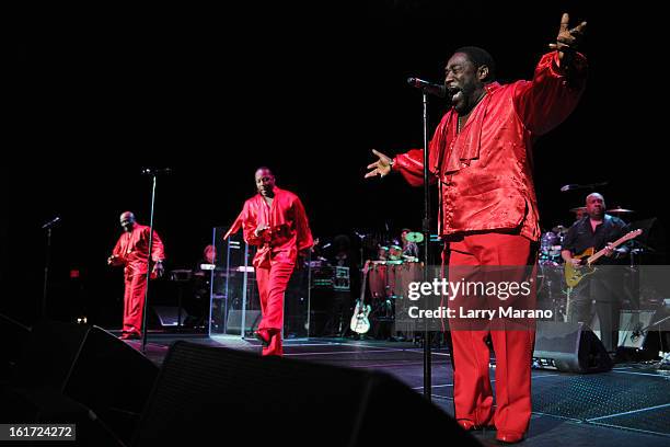 Eric Grant, Walter Williams and Eddie Levert of The O Jays perform at Hard Rock Live! in the Seminole Hard Rock Hotel & Casino on February 14, 2013...