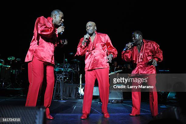 Eric Grant, Walter Williams and Eddie Levert of The O Jays perform at Hard Rock Live! in the Seminole Hard Rock Hotel & Casino on February 14, 2013...