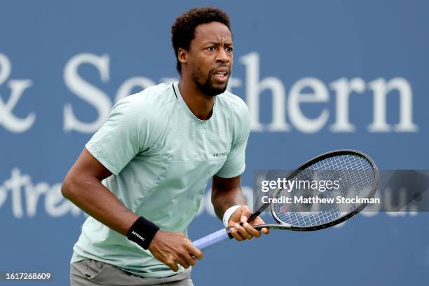 Gael Monfils of France plays Cameron Norrie of Great Britain during the Western & Southern Open at Lindner Family Tennis Center on August 15, 2023 in...