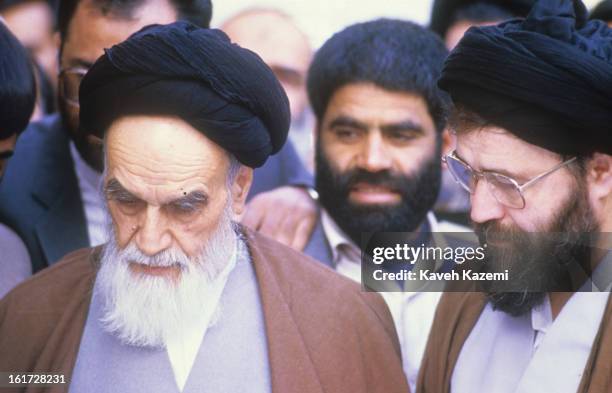 Ayatollah Ruhollah Khomeini the leader and founder of the Islamic Republic of Iran, looking frail, votes for parliament election, in his residence...