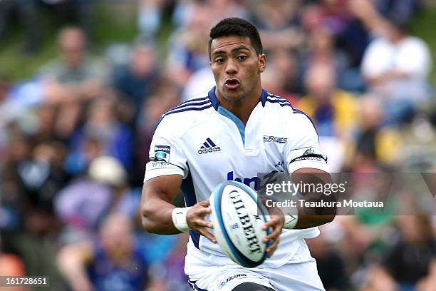 Pita Ahki of the Blues looks to pass during the Super Rugby trial match between the Highlanders and the Blues at the Queenstown Recreation Ground on...