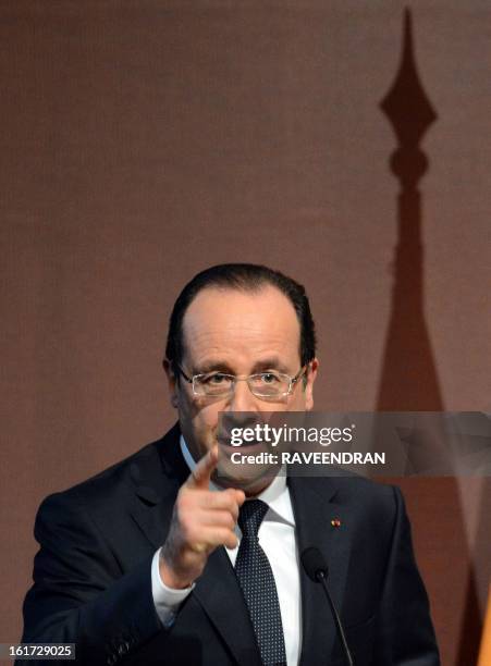 French President Francois Hollande speaks during a Madhavrao Scindia Foundation function in New Delhi on February 15, 2013. French President Francois...