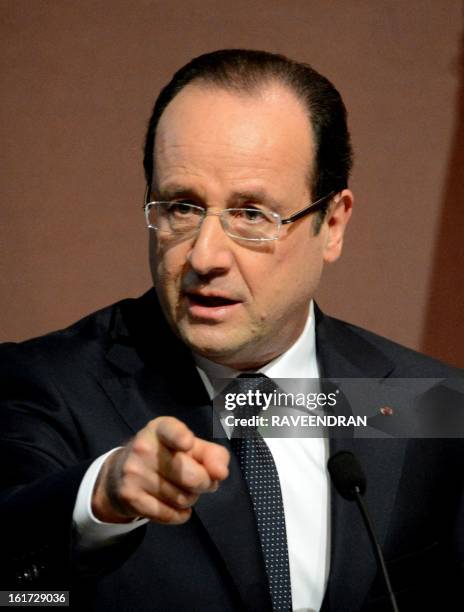 French President Francois Hollande speaks during a Madhavrao Scindia Foundation function in New Delhi on February 15, 2013. French President Francois...