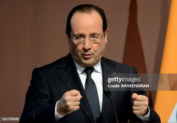 French President Francois Hollande speaks during a Madhavrao Scindia Foundation function in New Delhi on February 15, 2013. French President Francois...