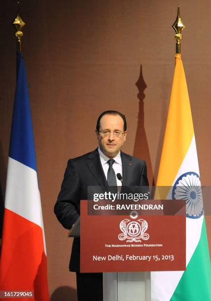 French President Francois Hollande speaks during a Madhavrao Scindia Foundation function in New Delhi on February 15, 2013. French President Francois...