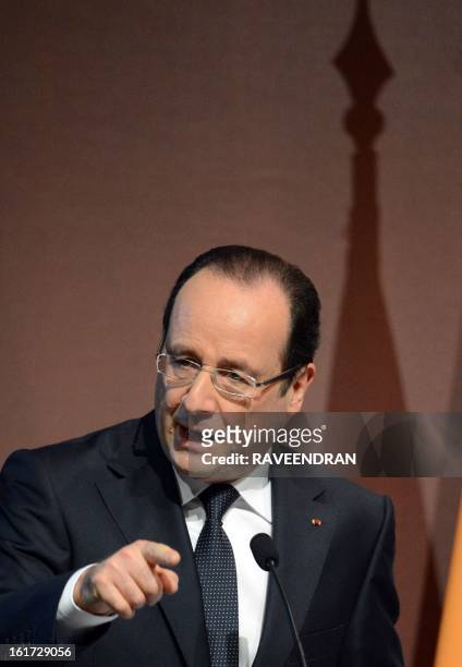 French President Francois Hollande speaks during a Madhavrao Scindia Foundation function in New Delhi on February 15, 2013. French President Francois...
