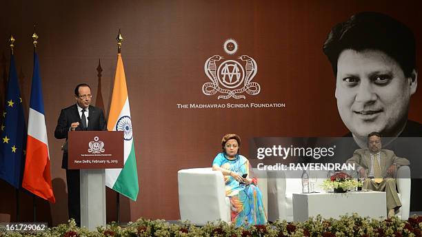 French President Francois Hollande speaks during a Madhavrao Scindia Foundation function in New Delhi on February 15, 2013. French President Francois...