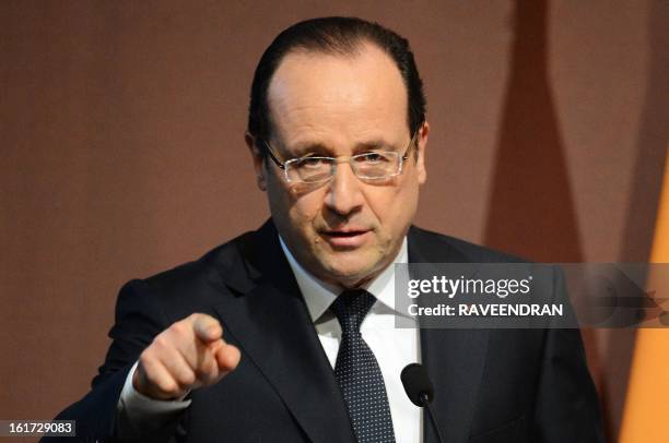 French President Francois Hollande speaks during a Madhavrao Scindia Foundation function in New Delhi on February 15, 2013. French President Francois...