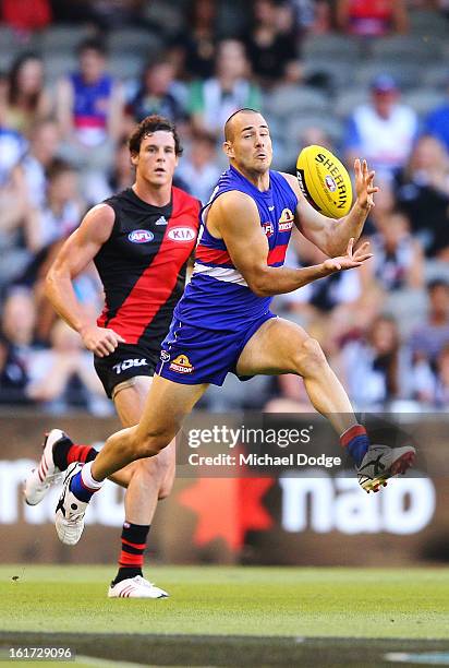 Lindsay Gilbee of the Western Bulldogs marks the ball during the round one AFL NAB Cup match between the Essendon Bombers and the Western Bulldogs at...