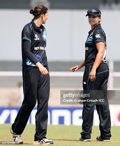 Nicola Browne and Suzy Bates of New Zealand fielding during the 3rd/4th Place Play-Off game between England and New Zealand at the Women's World Cup...