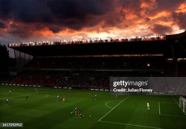 General view inside the stadium as the sun sets during the Sky Bet League One match between Charlton Athletic and Bristol Rovers at The Valley on...