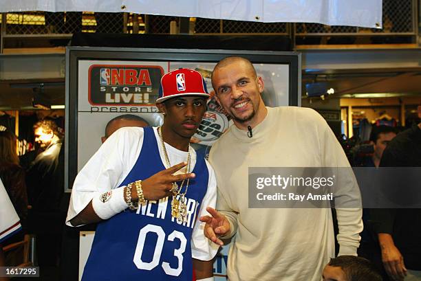 Jason Kidd of the New Jersey Nets poses with rapper Fabolous at the launch of EA's NBA Live 2003 at the NBA Store on October 29, 2002 in New York,...
