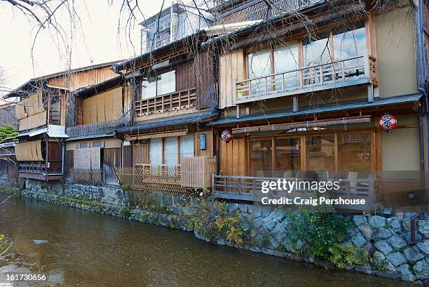 wooden houses by the kamo river - kamo river stock pictures, royalty-free photos & images