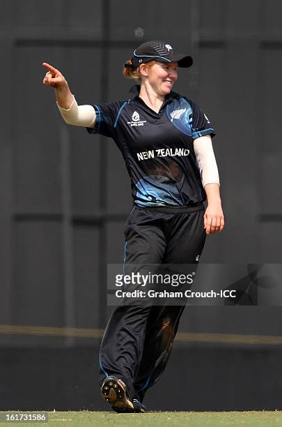 Katie Perkins of New Zealand celebrates after taking a catch to dismiss Sarah Taylor of England during the 3rd/4th Place Play-Off game between...