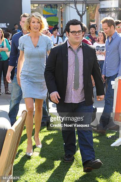 Jenna Elfman and Josh Gad are sighted at The Grove on February 14, 2013 in Los Angeles, California.