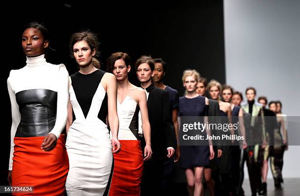 Models walks the runway at the Zoe Jordan show during London Fashion Week Fall/Winter 2013/14 at Somerset House on February 15, 2013 in London,...