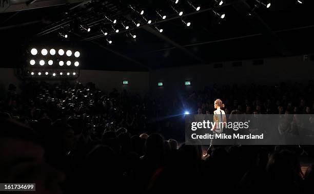 Model walks the runway at the Zoe Jordan show during London Fashion Week Fall/Winter 2013/14 at Somerset House on February 15, 2013 in London,...