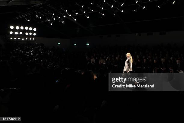 Model walks the runway at the Zoe Jordan show during London Fashion Week Fall/Winter 2013/14 at Somerset House on February 15, 2013 in London,...