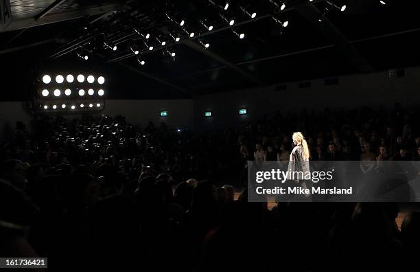 Model walks the runway at the Zoe Jordan show during London Fashion Week Fall/Winter 2013/14 at Somerset House on February 15, 2013 in London,...