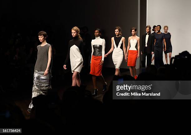 Models walk the runway at the Zoe Jordan show during London Fashion Week Fall/Winter 2013/14 at Somerset House on February 15, 2013 in London,...