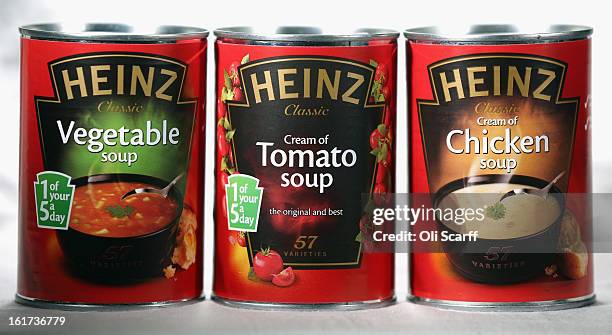 Tins of H.J. Heinz Co. Tomato, Vegetable and Chicken Soup on February 15, 2013 in London, England. Billionaire investor Warren Buffett's Berkshire...