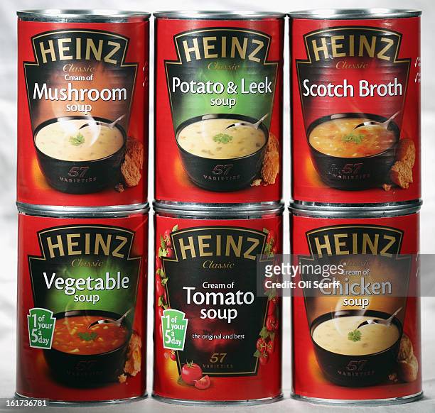 Assorted tins of H.J. Heinz Co. Soups on February 15, 2013 in London, England. Billionaire investor Warren Buffett's Berkshire Hathaway is is teaming...