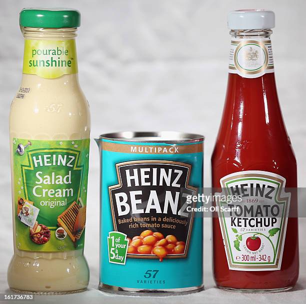 Bottles of H.J. Heinz Co. Tomato Ketchup and Salad Cream and a tin of Baked Beanz on February 15, 2013 in London, England. Billionaire investor...