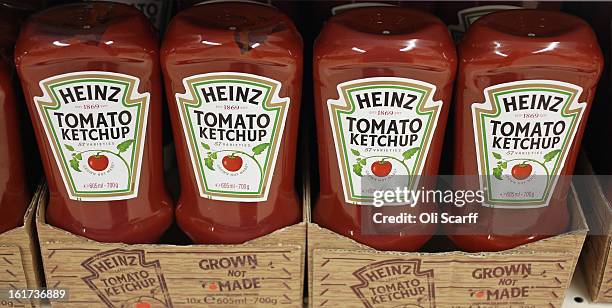 Bottles of H.J. Heinz Co. Tomato Ketchup on February 15, 2013 in London, England. Billionaire investor Warren Buffett's Berkshire Hathaway is is...