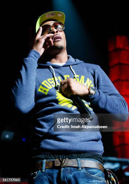Rapper T.I. Performs onstage at Power 106's Valentine's Day concert at Nokia Theatre L.A. Live on February 14, 2013 in Los Angeles, California.