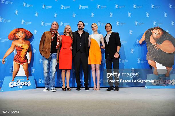 Uwe Ochsenknecht, Janin Reinhardt, Nicolas Cage, Emma Stone and Kostja Ullmann attend the 'The Croods' Photocall during the 63rd Berlinale...