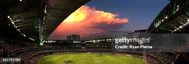 General view of play during the round one AFL NAB Cup match between the Collingwood Magpies and the Western Bulldogs at Etihad Stadium on February...