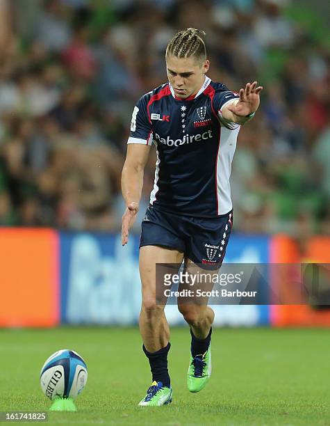 James O'Connor of the Rebels kicks a penalty during the round one Super Rugby match between the Rebels and the Force at AAMI Park on February 15,...