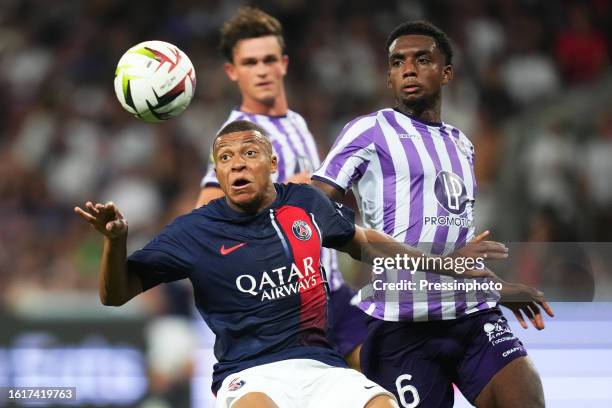 Kylian Mbappe of Paris Saint-Germain during the La Liga match between Toulouse FC and Paris Saint-Germain played at Stade Toulouse on August 19, 2023...