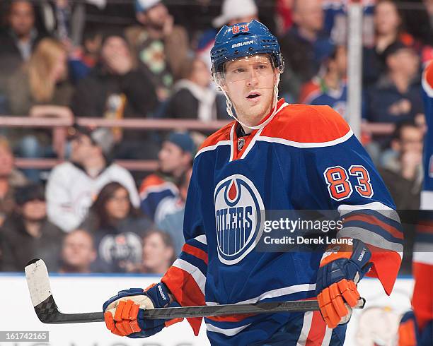 Ales Hemsky of the Edmonton Oilers skates against the Dallas Stars during an NHL game at Rexall Place on February 12, 2013 in Edmonton, Alberta,...