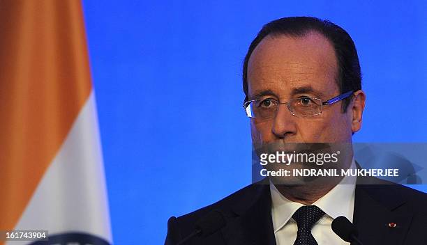 France's President Francois Hollande speaks at the India-France Economic Conference : Strengthening Long Term Economic Partnership in Mumbai on...