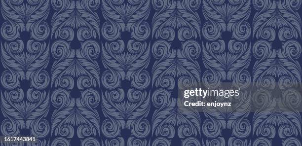 elegante dunkelblaue nahtlose damasttapete - rokoko stock-grafiken, -clipart, -cartoons und -symbole
