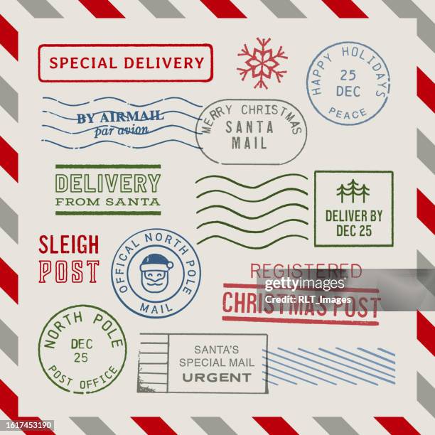 stockillustraties, clipart, cartoons en iconen met festive christmas holiday postmark stamps - santa