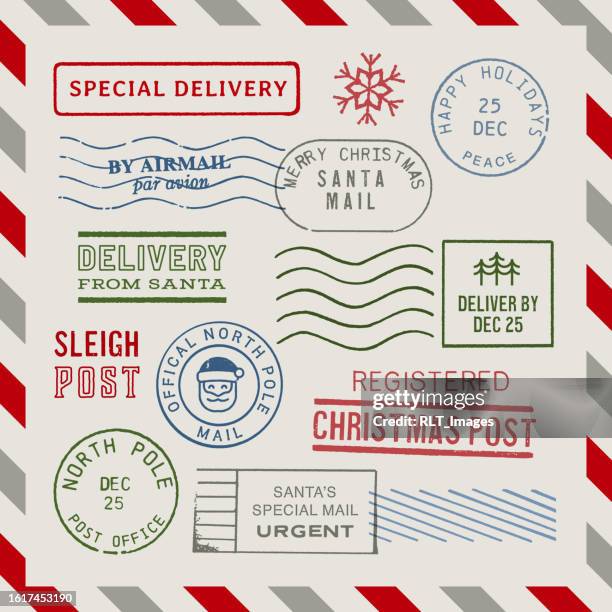 festive christmas holiday postmark stamps - greetings from postcard stock illustrations