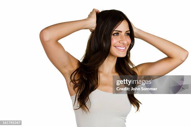 beautiful latin woman - looking around on white background stock pictures, royalty-free photos & images