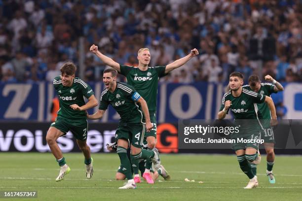 Panathinaikos players reacts as Filip Mladenovic scores the decisive penalty in the shoot out of the UEFA Champions League Third Qualifying Round 2nd...